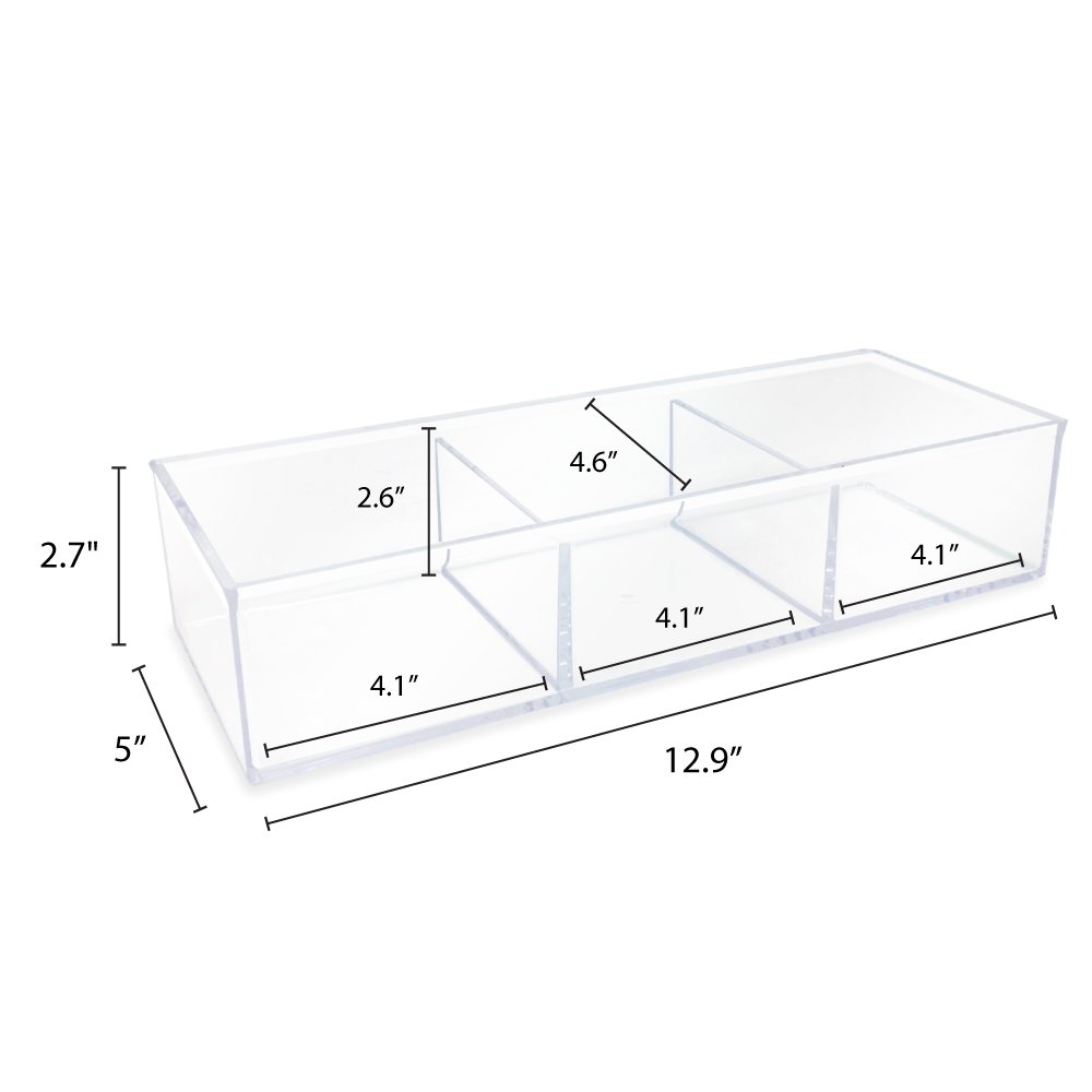 Isaac Jacobs Large 3-Compartment Clear Acrylic Stackable Organizer (12.9" L x 5" W x 2.7" H), Multi-Sectional Tray &amp; Storage Solution for Makeup, Craft Supplies &amp; More, for Bathroom, Kitchen, Office