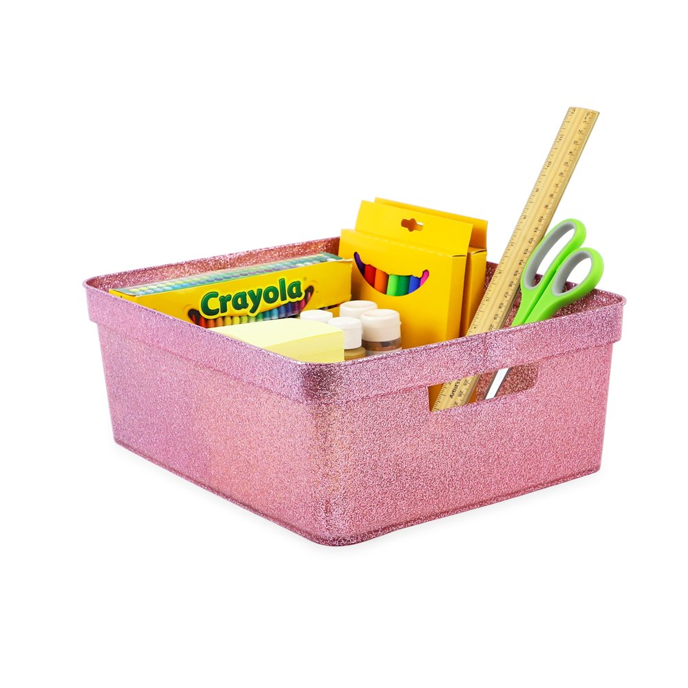 Isaac Jacobs Medium Glitter Storage Bin (14” x 11.5” x 5.5”) Set w/Cut-Out Handles, Plastic Organizer, Multi-Functional, Home Storage Solution, Kids Playroom, Bedroom, Closet