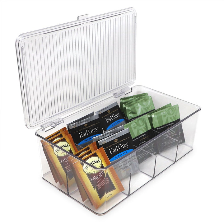 Isaac Jacobs Divided Clear Plastic Organizer (10.75” x 6.5” x 3.7”) w/ Hinged Lid, Stackable Storage Box for Tea Bags, Crafts, Office Supplies, Cosmetics, Jewelry, BPA-Free, Food Safe Pantry Container