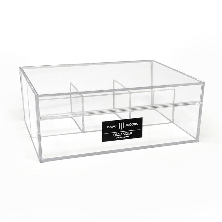 Isaac Jacobs 4-Compartment Clear Acrylic Organizer with Lid (6.7" L x 8.6" W x 3.4" H), Multi-Sectional Tray &amp; Storage Solution for Makeup, School &amp; Office Supplies &amp; More, for Bathroom, Kitchen