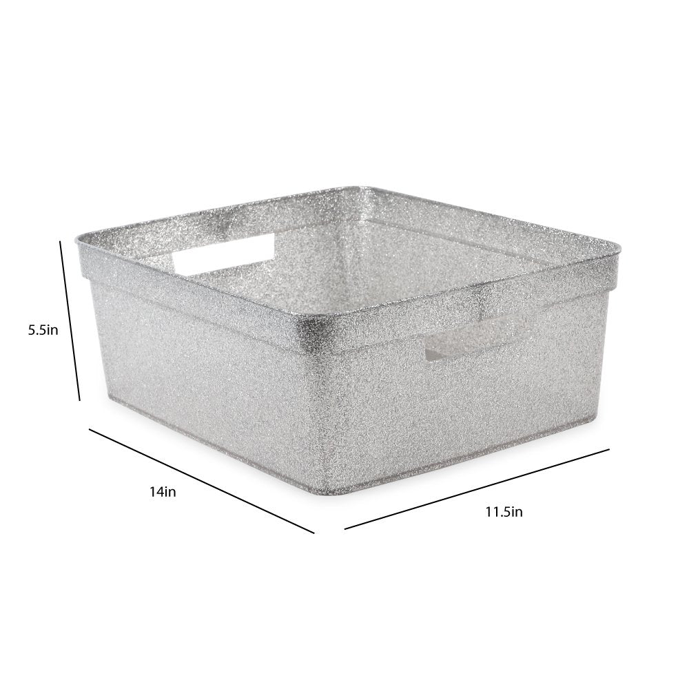 Isaac Jacobs Medium Glitter Storage Bin (14” x 11.5” x 5.5”) Set w/Cut-Out Handles, Plastic Organizer, Multi-Functional, Home Storage Solution, Kids Playroom, Bedroom, Closet