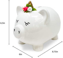 Isaac Jacobs Ceramic Pigicorn Money Bank, Cute Piggy Bank, Princess Unicorn Pig with Floral Wreath, Girls Room Decor, Kids Cartoon Animal Coin Bank, Fun Keepsake Gift for Children and Teens (White)