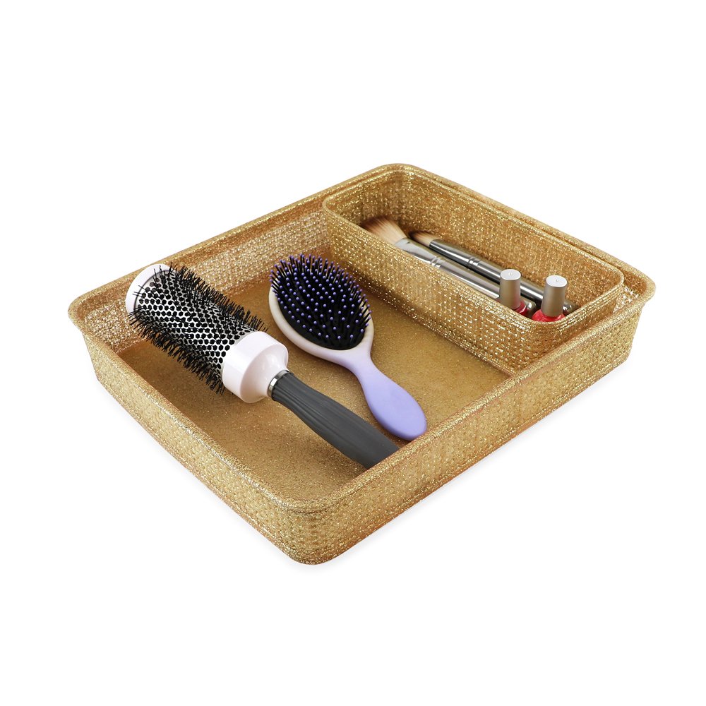 Isaac Jacobs Glitter Plastic Organizer Set w/Cut-Out Handles, Multi-Functional Home Storage, Desk, Office, Bathroom, Bedroom, Closet, Playroom