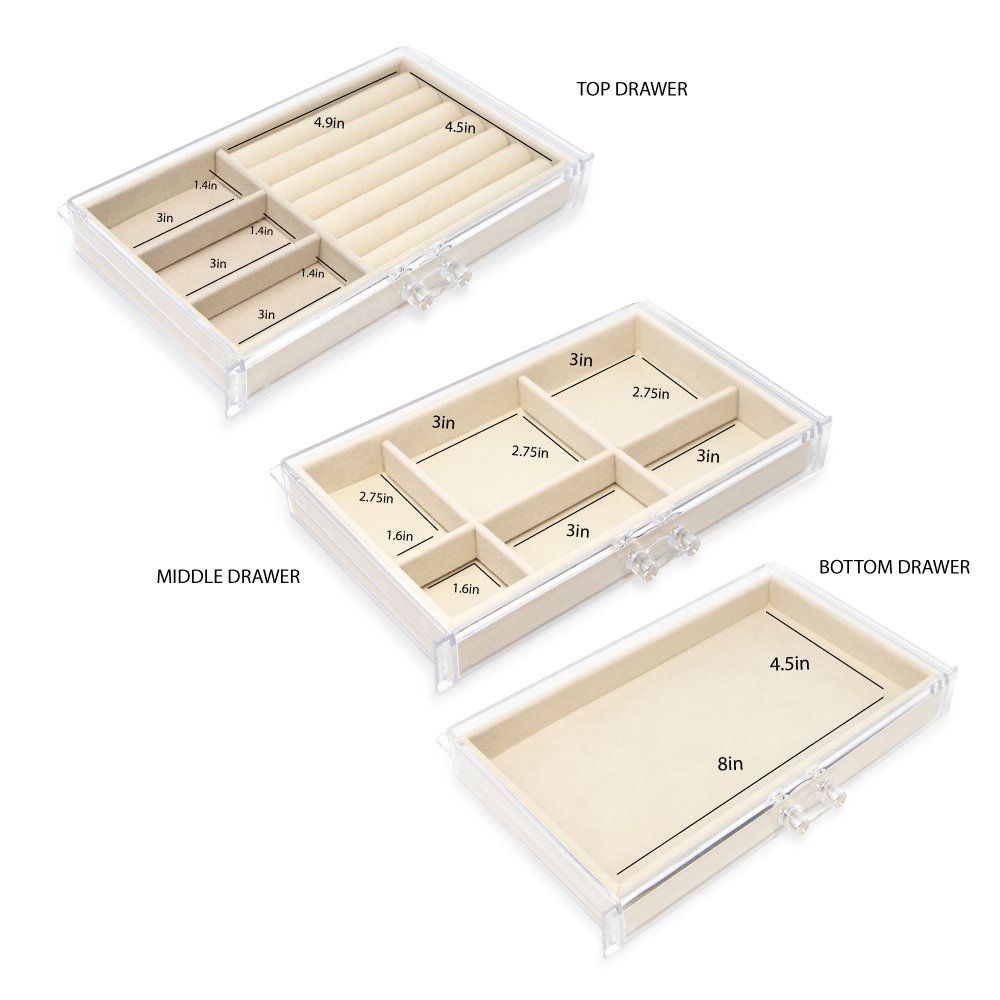 Isaac Jacobs Clear Acrylic 3-Drawer Jewelry Organizer (9.25” x 5.4” x 4.25”) w/ Velvet Lining, Stackable Storage Box For Necklaces, Bracelets, Earrings, Watches &amp; Rings, Tabletop Display Case