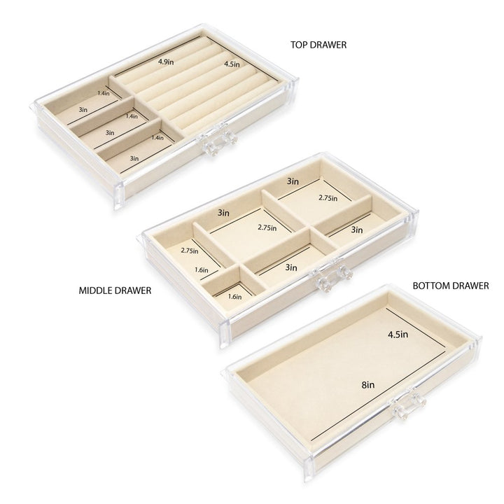 Isaac Jacobs Clear Acrylic 3-Drawer Jewelry Organizer (9.25” x 5.4” x 4.25”) w/ Velvet Lining, Stackable Storage Box For Necklaces, Bracelets, Earrings, Watches &amp; Rings, Tabletop Display Case