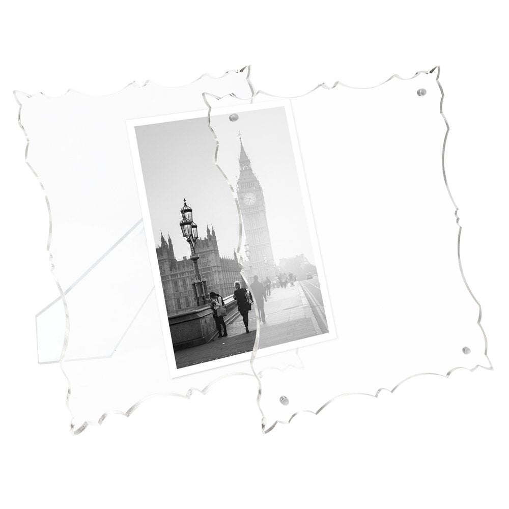 Isaac Jacobs Clear Elegant Acrylic Picture Frame with Vintage-Inspired Cutout Border, Magnetic Photo Frame, Made for Tabletop Display with Two-Way Easel