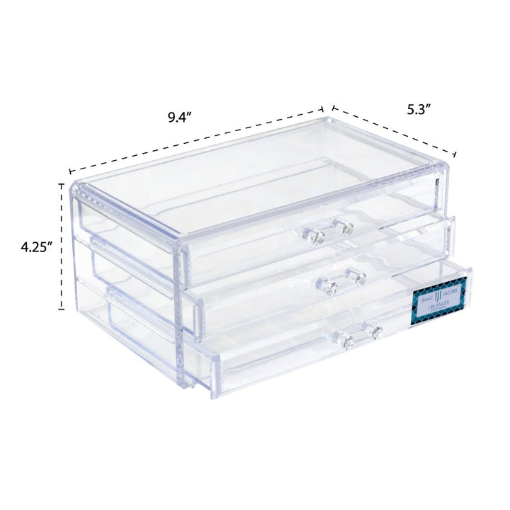 Isaac Jacobs Clear Acrylic 3-Drawer Stackable Jewelry Organizer, Cosmetic &amp; Makeup Case with 3-Drawer Trays, Made for Bedroom, Bathroom, Countertop &amp; Dresser