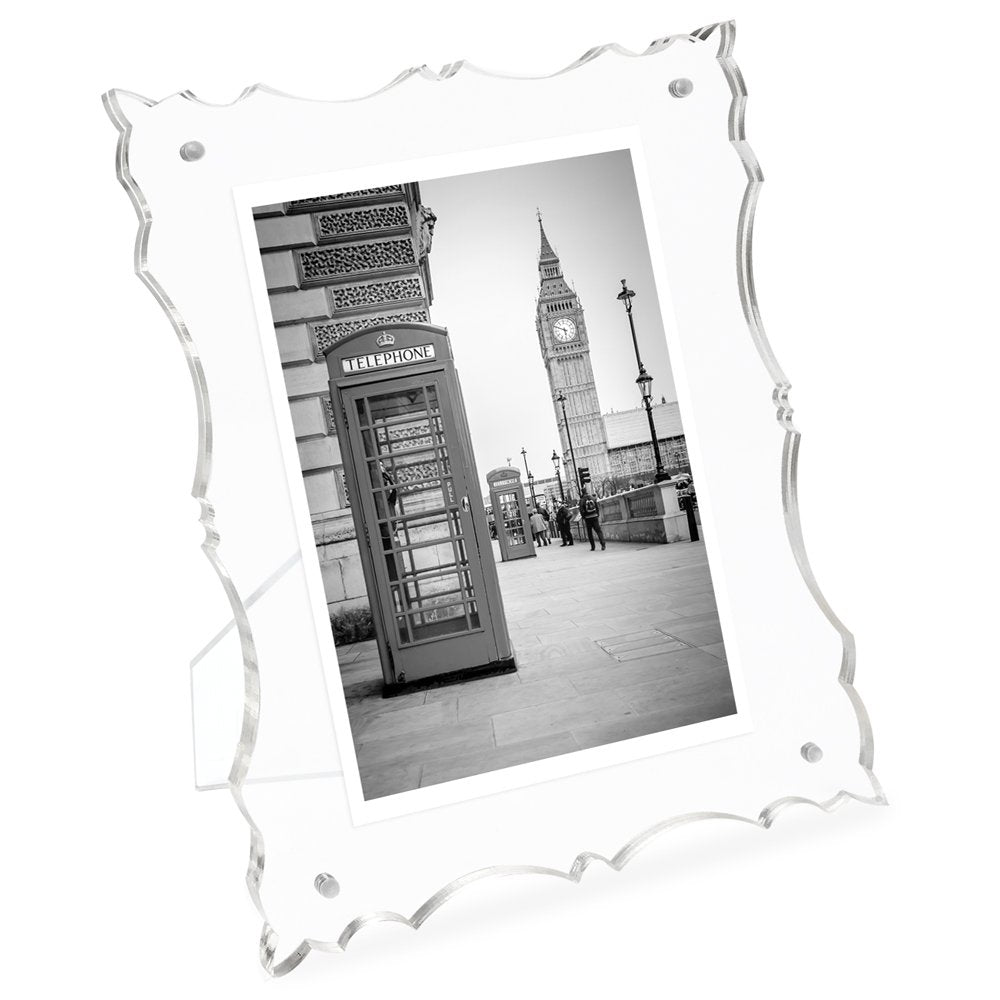 Isaac Jacobs Clear Elegant Acrylic Picture Frame with Vintage-Inspired Cutout Border, Magnetic Photo Frame, Made for Tabletop Display with Two-Way Easel