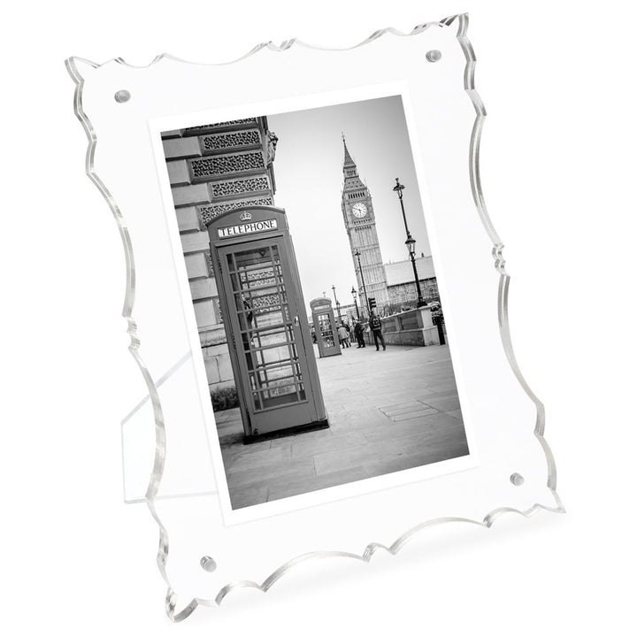 Isaac Jacobs Clear Elegant Acrylic Picture Frame with Vintage-Inspired Cutout Border, Magnetic Photo Frame, Made for Tabletop Display with Two-Way Easel