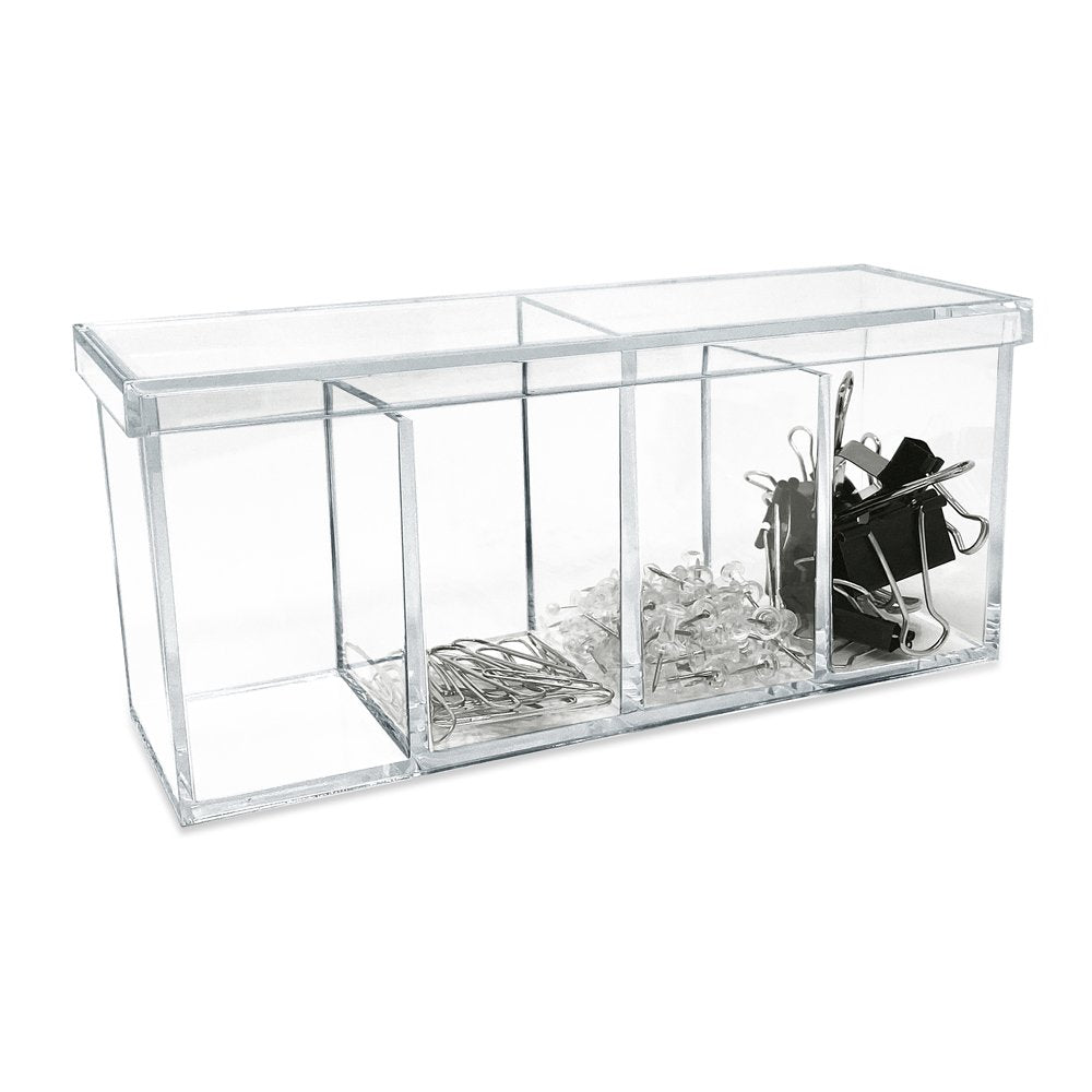 Isaac Jacobs 4-Compartment Clear Acrylic Organizer with Lid (9” L x 3” W x 4” H), Makeup Brush Holder, Sectional Tray, Storage Solution for Makeup, Crafts, Office Supplies &amp; More