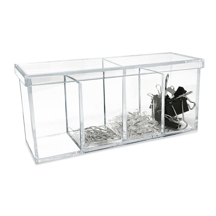 Isaac Jacobs 4-Compartment Clear Acrylic Organizer with Lid (9” L x 3” W x 4” H), Makeup Brush Holder, Sectional Tray, Storage Solution for Makeup, Crafts, Office Supplies &amp; More