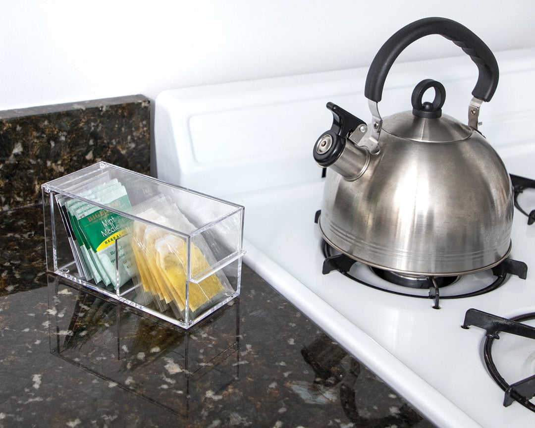 Isaac Jacobs 2-Compartment Rectangular Clear Acrylic Organizer with Lid (6.75" L x 3" W x 3.25" H), Tea Bag Holder, Multi-Sectional Tray, Stackable, Storage Box, for Kitchen, Bathroom, Office &amp; More