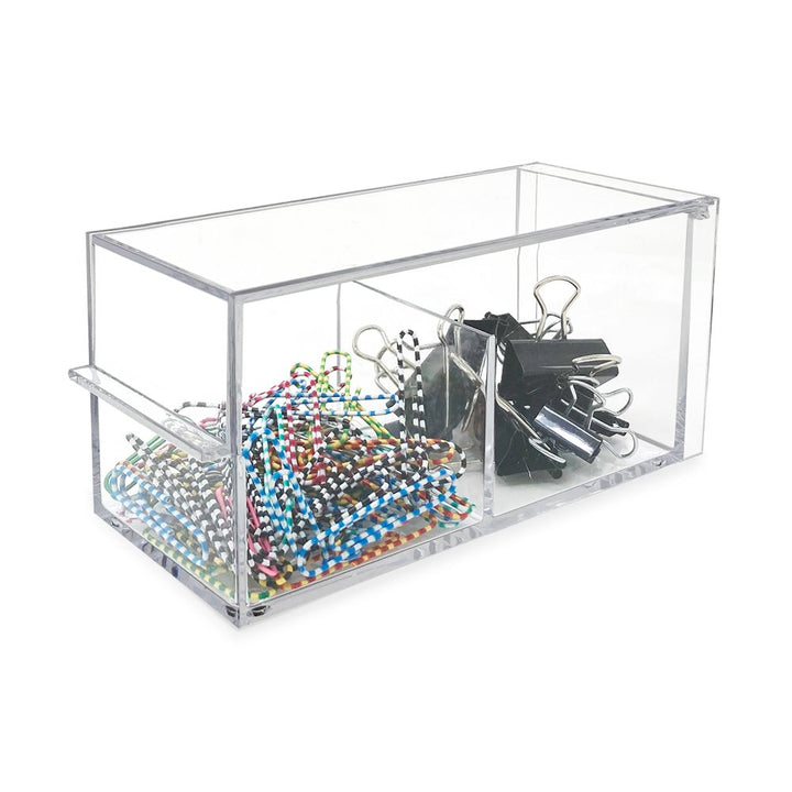 Isaac Jacobs 2-Compartment Rectangular Clear Acrylic Organizer with Lid (6.75" L x 3" W x 3.25" H), Tea Bag Holder, Multi-Sectional Tray, Stackable, Storage Box, for Kitchen, Bathroom, Office &amp; More