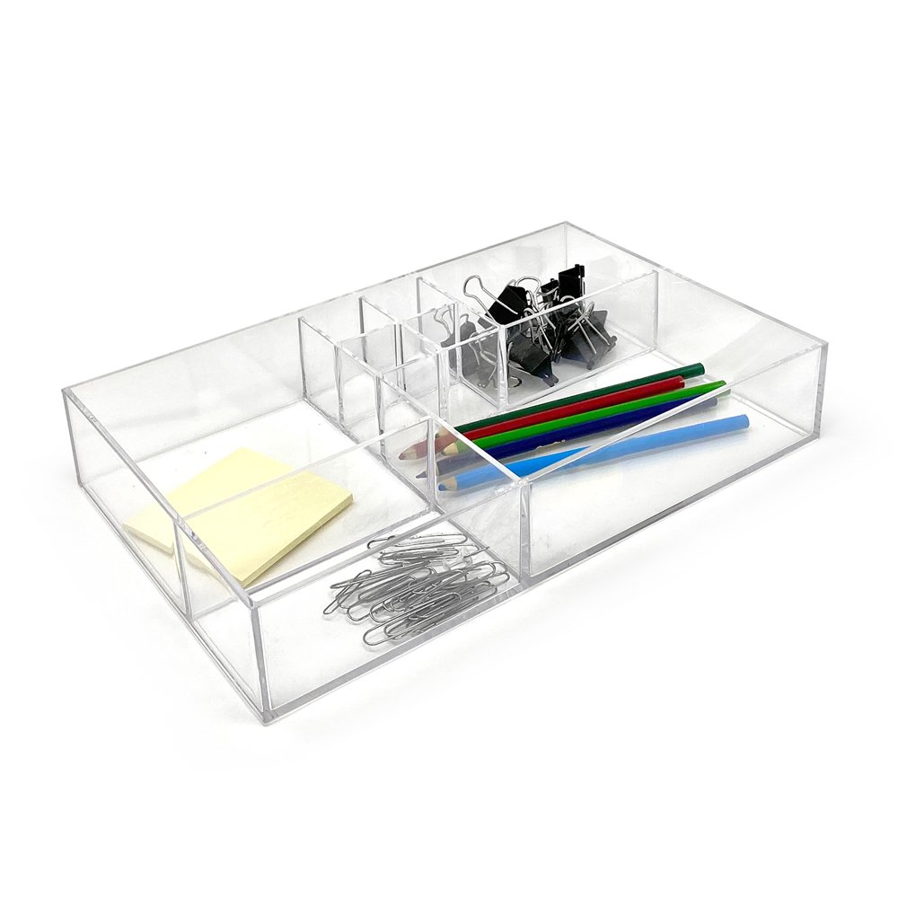 Isaac Jacobs 8-Compartment Clear Acrylic Drawer Organizer (13" L x 8.1" W x 2.3" H), Multi-Sectional Tray &amp; Storage Solution for Makeup, School &amp; Office Supplies, Bathroom, Kitchen