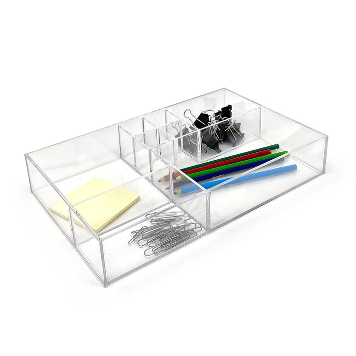 Isaac Jacobs 8-Compartment Clear Acrylic Drawer Organizer (13" L x 8.1" W x 2.3" H), Multi-Sectional Tray &amp; Storage Solution for Makeup, School &amp; Office Supplies, Bathroom, Kitchen