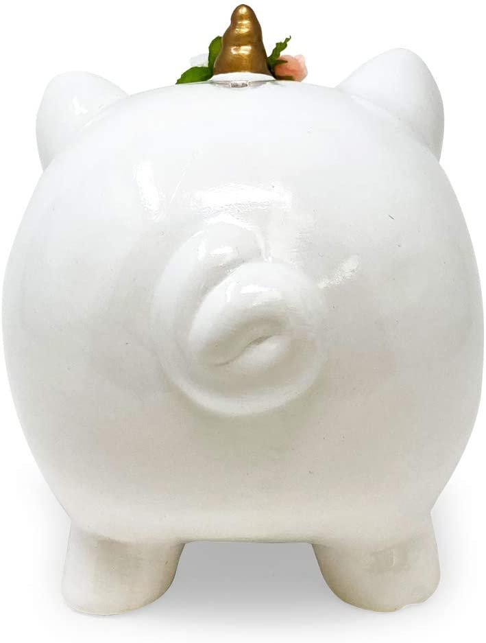 Isaac Jacobs Ceramic Pigicorn Money Bank, Cute Piggy Bank, Princess Unicorn Pig with Floral Wreath, Girls Room Decor, Kids Cartoon Animal Coin Bank, Fun Keepsake Gift for Children and Teens (White)