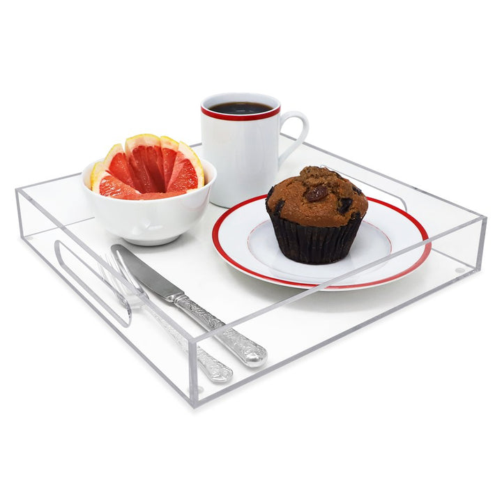 Isaac Jacobs Clear Acrylic Serving Tray with Cutout Handles, Spill-Proof, Stackable Organizer, Space-Saver, Food &amp; Drinks Server, Indoors/Outdoors, Lucite Storage Décor &amp; More