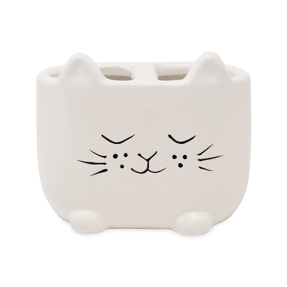 Isaac Jacobs Ceramic Cat Makeup Brush Holder, Multi-Purpose Organizer. Bathroom, Kitchen, Bedroom, Office Décor