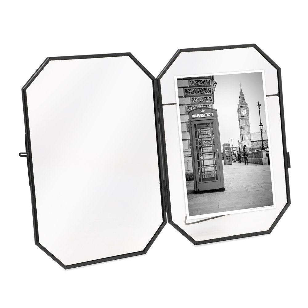 Isaac Jacobs Vintage Style Octagon Brass &amp; Glass, Metal Floating Picture Frame with Locket Closure, Tabletop Display