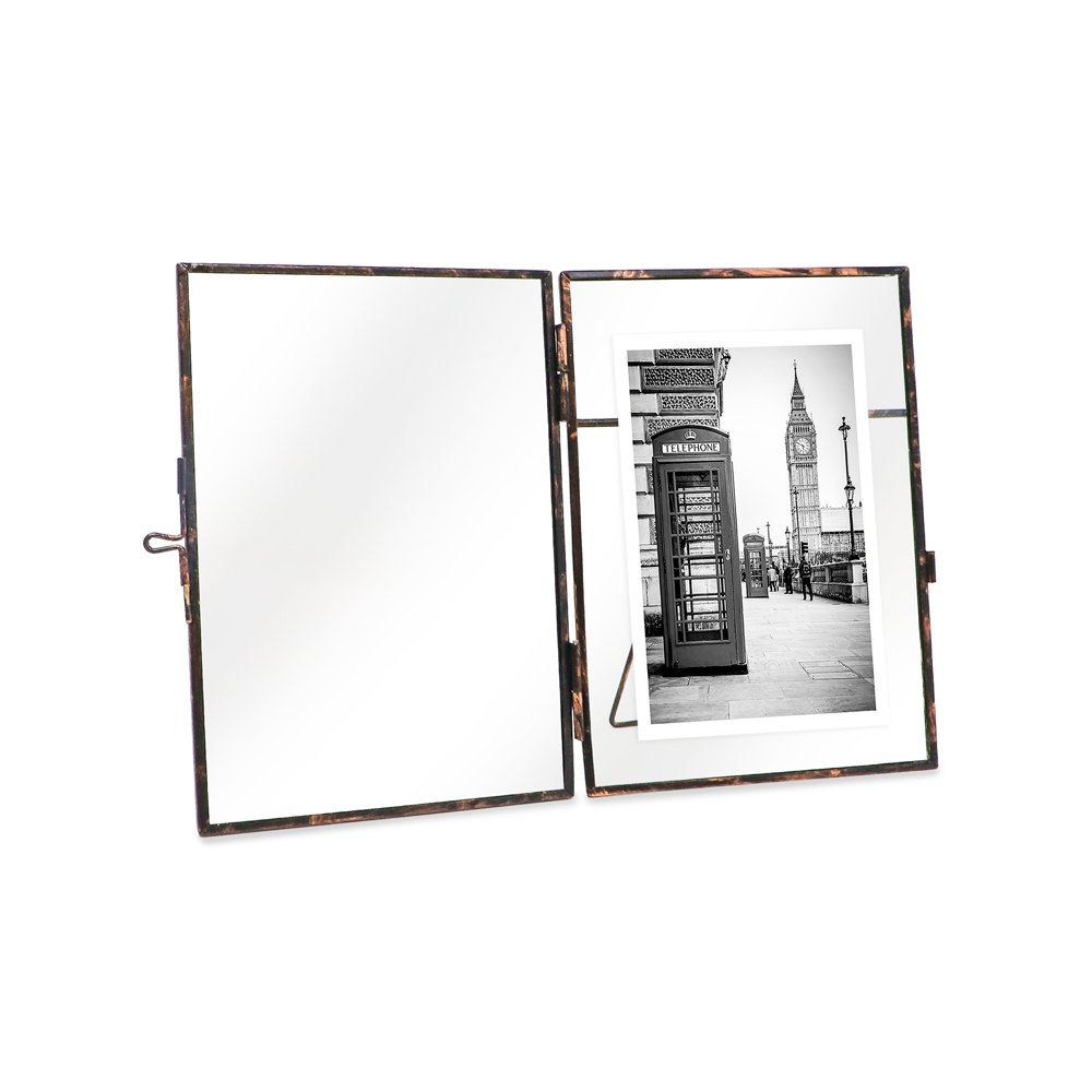 Isaac Jacobs (2-Pack) Vintage Style Brass and Glass, Metal Floating Picture Frame with Locket Closure, for Photos, Art, &amp; More, Tabletop Display