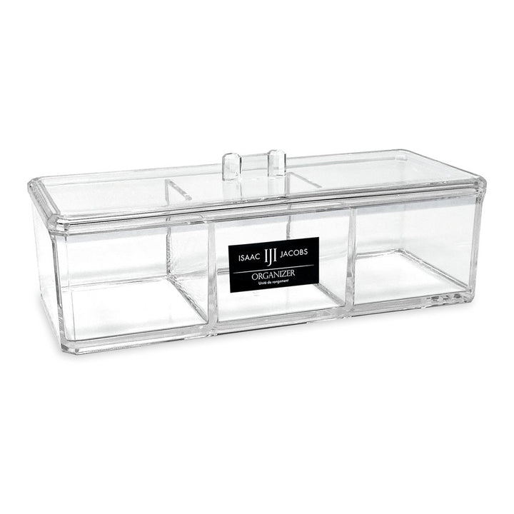 Isaac Jacobs 3-Compartment Clear Acrylic Rectangular Stackable Organizer with Lid, Multi-Sectional Drawer Tray, Storage Solution for Makeup, Craft Supplies, for Bathroom, Kitchen, Office