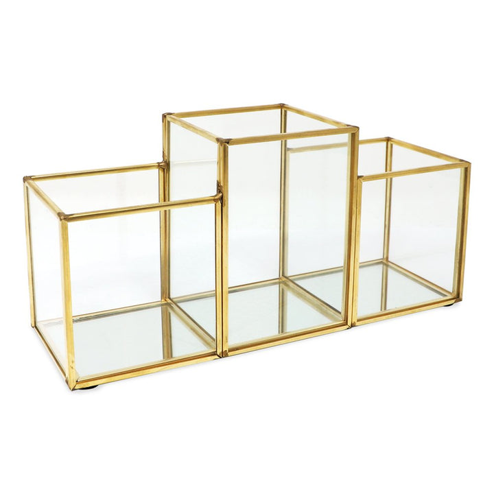 Isaac Jacobs 3-Compartment Makeup Brush Holder, Vintage Style Brass and Glass Organizer, (9.3” L x 3.1" W x 4.5" H) Storage Solution with Mirror Base &amp; Taller Center Slot, for Makeup, Crafts, More