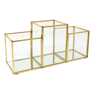 Isaac Jacobs 3-Compartment Makeup Brush Holder, Vintage Style Brass and Glass Organizer, (9.3” L x 3.1