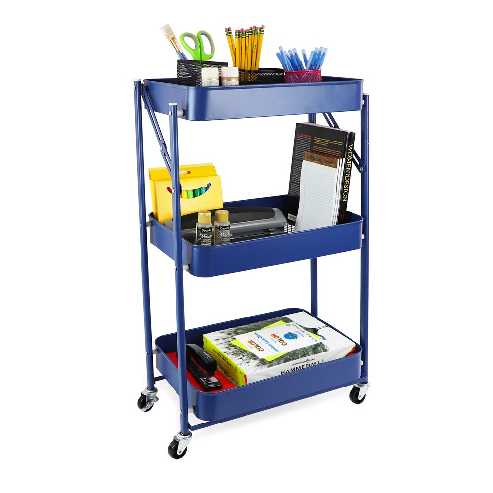 Isaac Jacobs 3-Tier Rolling Cart, Foldable Mobile Storage Organizer with Caster Wheels, Lightweight Multi-Purpose Metal Utility Cart for Office, Kitchen, Bathroom, Bedroom