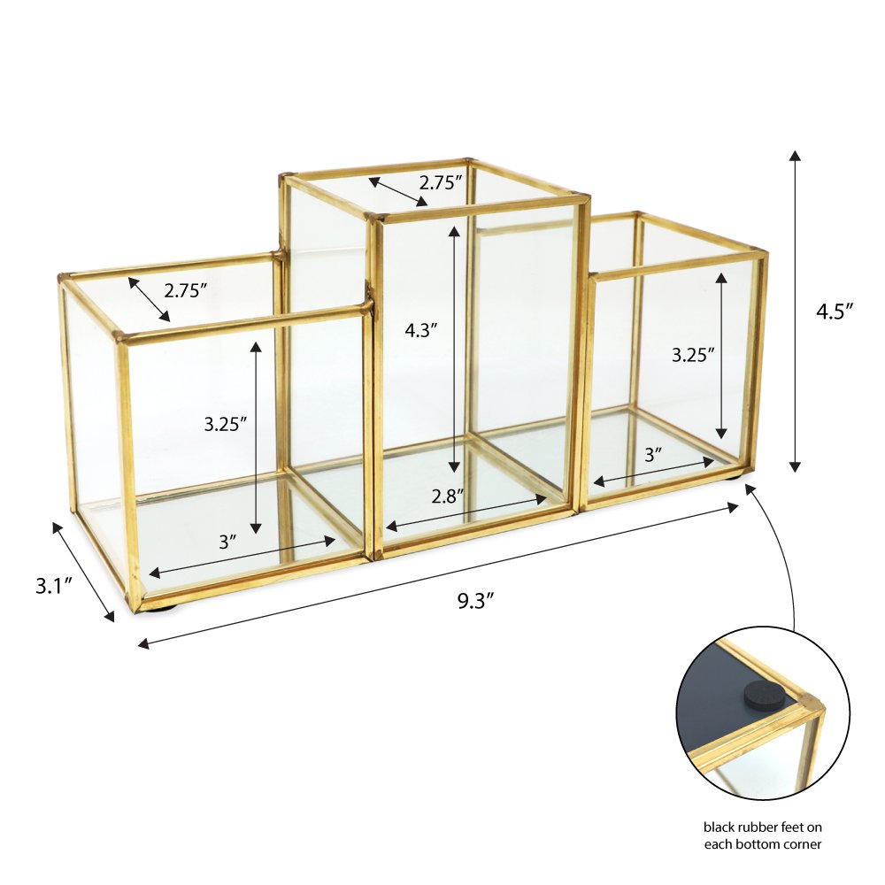 Isaac Jacobs 3-Compartment Makeup Brush Holder, Vintage Style Brass and Glass Organizer, (9.3” L x 3.1" W x 4.5" H) Storage Solution with Mirror Base &amp; Taller Center Slot, for Makeup, Crafts, More
