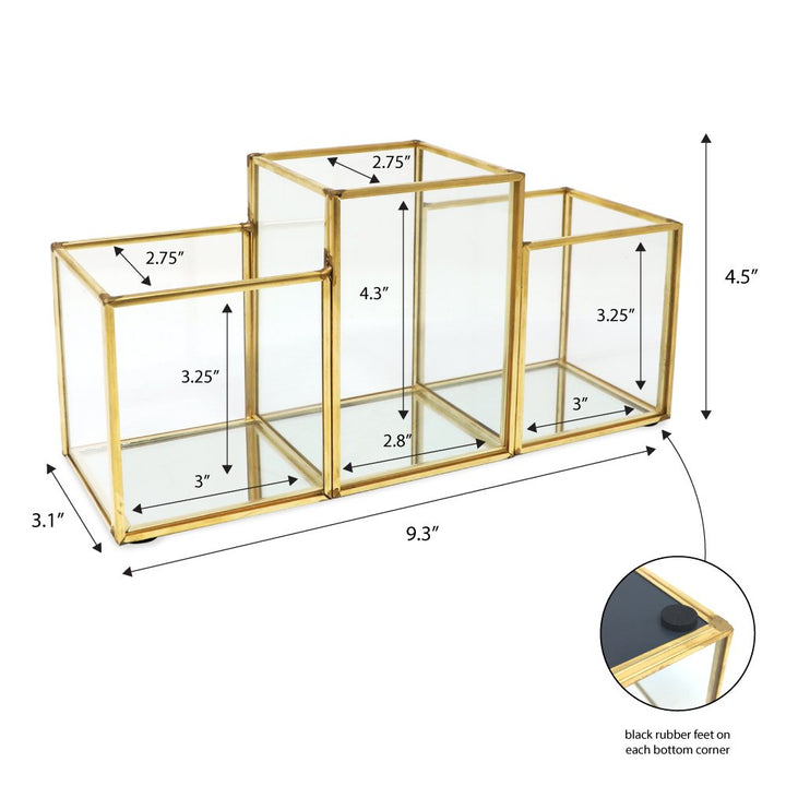 Isaac Jacobs 3-Compartment Makeup Brush Holder, Vintage Style Brass and Glass Organizer, (9.3” L x 3.1" W x 4.5" H) Storage Solution with Mirror Base &amp; Taller Center Slot, for Makeup, Crafts, More
