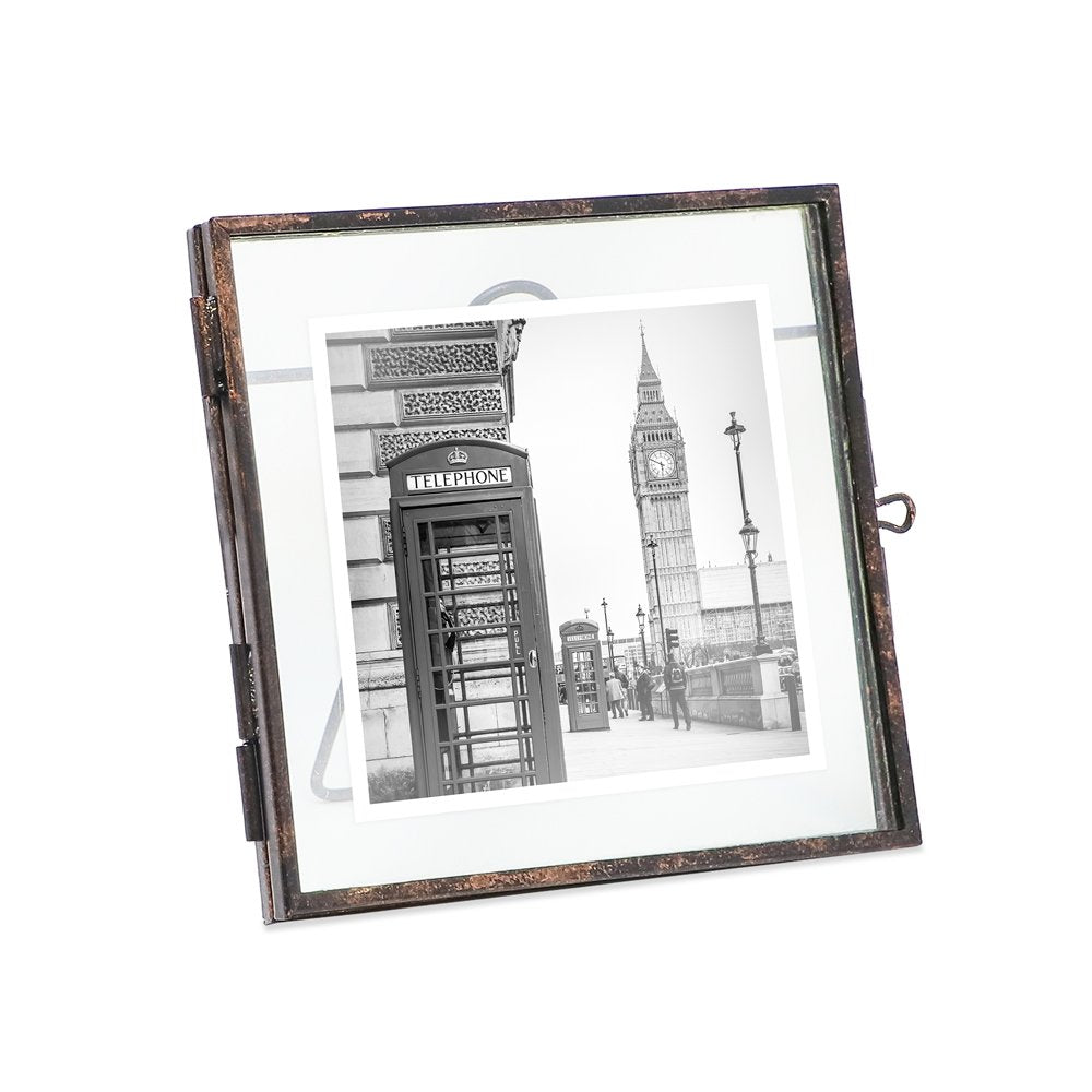 Isaac Jacobs Vintage Style Brass and Glass, Metal Floating Picture Frame with Locket Closure, for Photos, Art, &amp; More, Tabletop Display