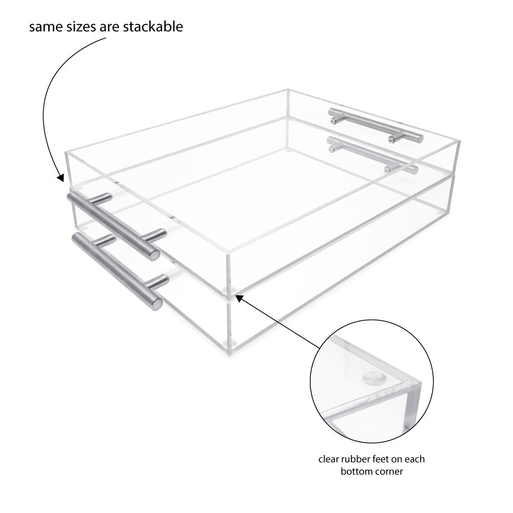 Isaac Jacobs Clear Acrylic Serving Tray with Metal Handles, Spill-Proof, Stackable Organizer, Space-Saver, Food &amp; Drinks Server, Indoors/Outdoors, Lucite Storage Décor &amp; More