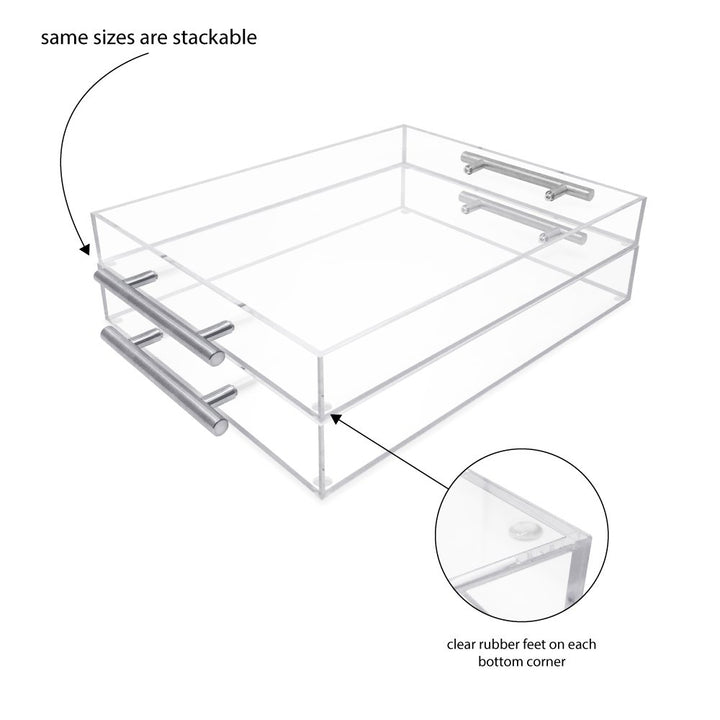 Isaac Jacobs Clear Acrylic Serving Tray with Metal Handles, Spill-Proof, Stackable Organizer, Space-Saver, Food &amp; Drinks Server, Indoors/Outdoors, Lucite Storage Décor &amp; More