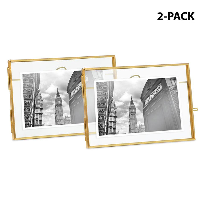 Isaac Jacobs (2-Pack) Vintage Style Brass and Glass, Metal Floating Picture Frame with Locket Closure, for Photos, Art, &amp; More, Tabletop Display