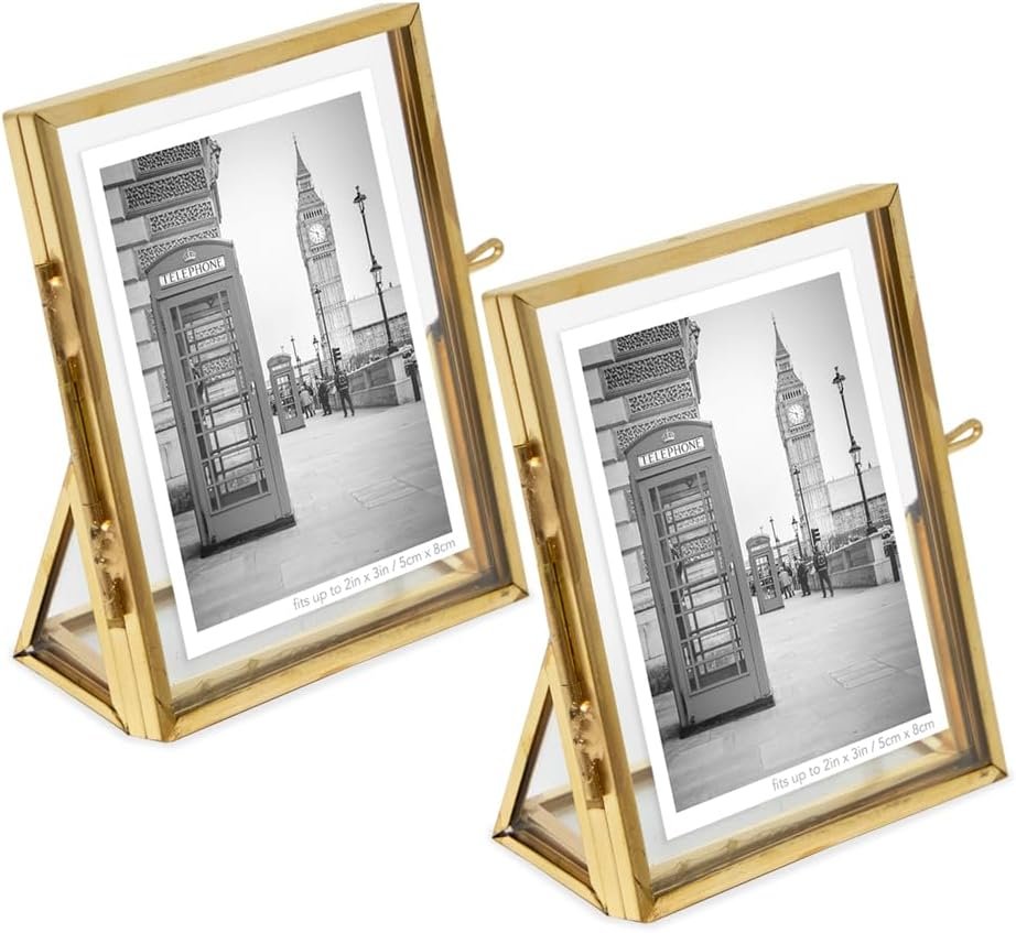 Isaac Jacobs Antique Gold, Vintage Style Brass and Glass, Floating Photo Frame, Metal, with Locket Closure and Angled Base, for Pictures, Art, Mementos, Keepsakes, 2 Pack#color_antique_gold_2x3 (2 Pack)