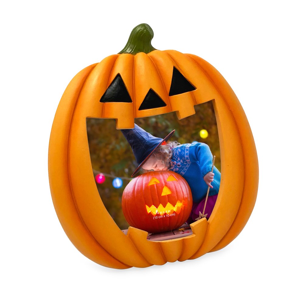 Isaac Jacobs 4x4 Halloween Jack O Lantern Picture Frame, Pumpkin-Shaped Picture Frame For Halloween (4x4, Orange)_#color_orange