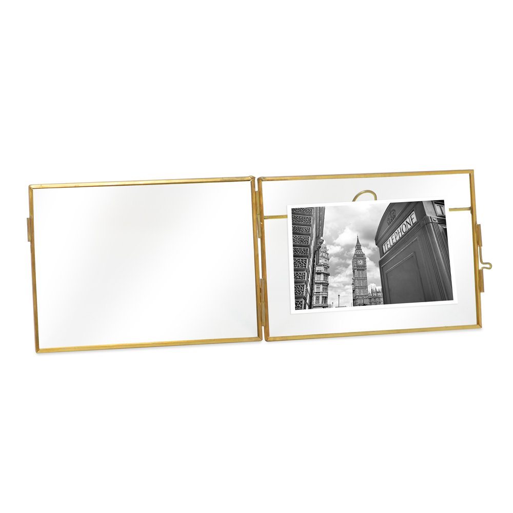 Isaac Jacobs (2-Pack) Vintage Style Brass and Glass, Metal Floating Picture Frame with Locket Closure, for Photos, Art, &amp; More, Tabletop Display