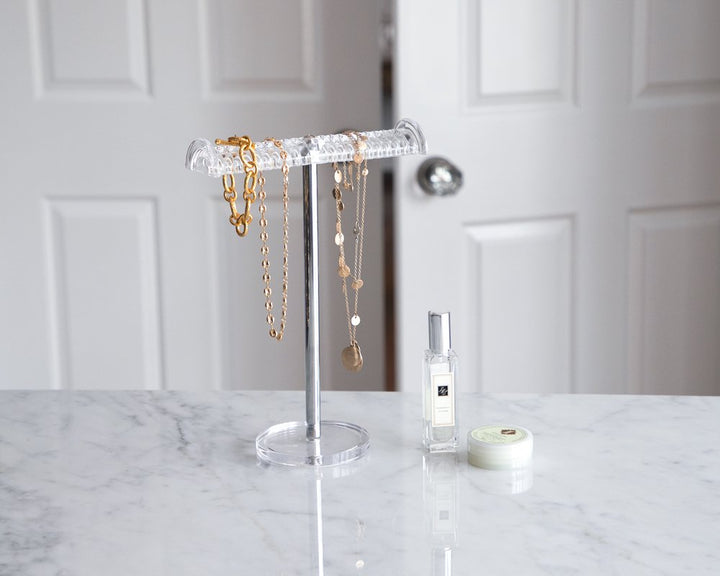 Isaac Jacobs Clear Acrylic Necklace &amp; Bracelet Holder (8” inch T-Bar)– Hanging Chain and Bangles Organizer Sleek &amp; Sturdy Stand for Jewelry – Storage Solution- Bedroom- Bathroom – Countertop