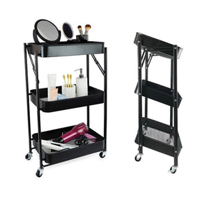 Isaac Jacobs 3-Tier Rolling Cart, Foldable Mobile Storage Organizer with Caster Wheels, Lightweight Multi-Purpose Metal Utility Cart for Office, Kitchen, Bathroom, Bedroom