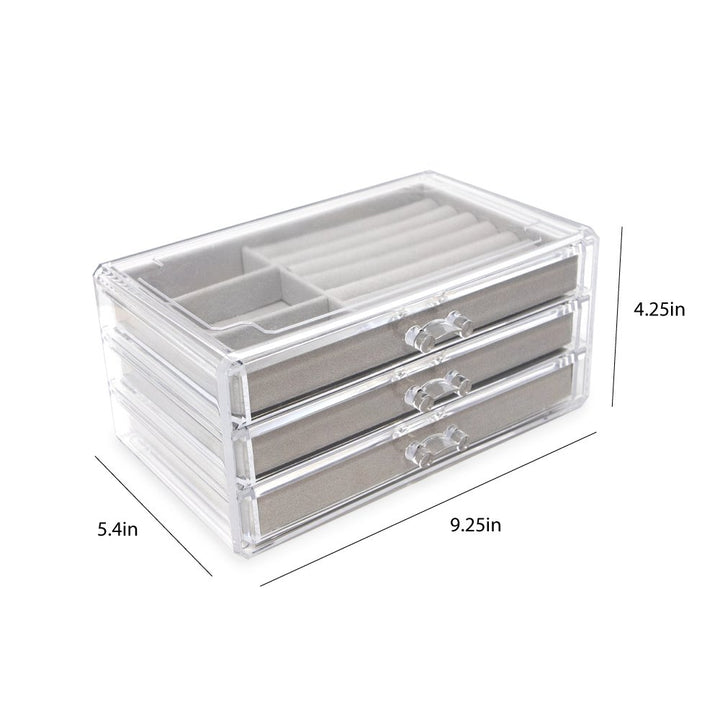 Isaac Jacobs Clear Acrylic 3-Drawer Jewelry Organizer (9.25” x 5.4” x 4.25”) w/ Velvet Lining, Stackable Storage Box For Necklaces, Bracelets, Earrings, Watches &amp; Rings, Tabletop Display Case