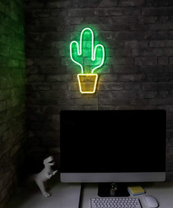 Isaac Jacobs 19” x 10” inch LED Neon Green Cactus with Yellow Planter Wall Sign for Cool Light, Wall Art, Bedroom Decorations, Home Accessories, Party, and Holiday Décor: Powered by USB Wire (Cactus)