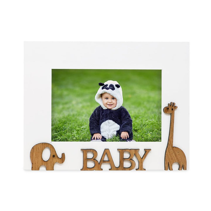 Isaac Jacobs Wood Sentiments “Baby” Picture Frame, 4x6 inch, Photo Gift for Family, Tabletop, Desktop Display &amp; Wall Display, Animal Cutout Details (White)