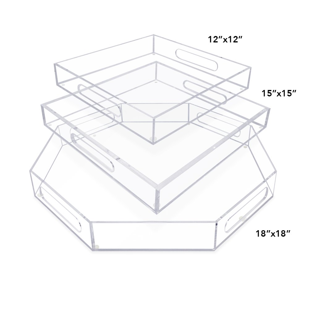 Isaac Jacobs Clear Acrylic Serving Tray with Cutout Handles, Spill-Proof, Stackable Organizer, Space-Saver, Food &amp; Drinks Server, Indoors/Outdoors, Lucite Storage Décor &amp; More