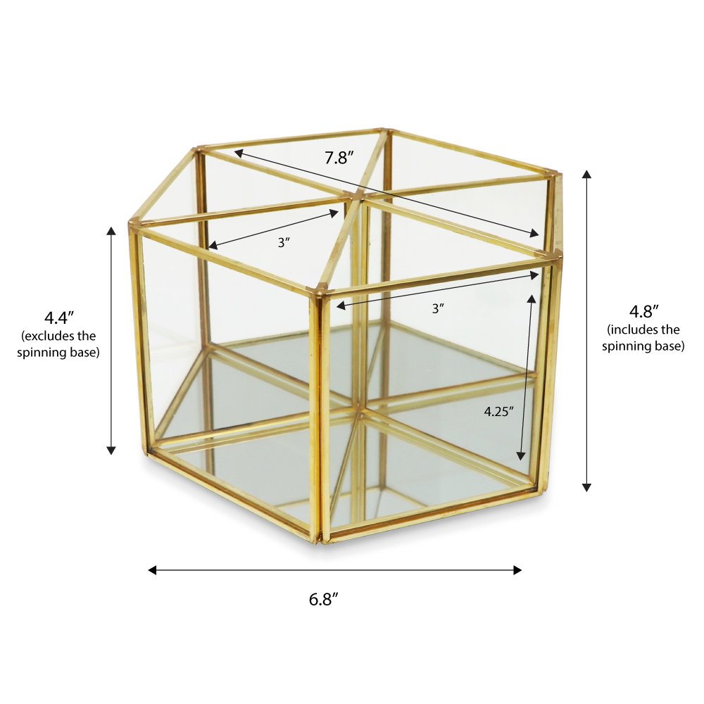 Isaac Jacobs 6-Compartment Rotating Makeup Brush Holder, 360 Degree Acrylic Carousel, Vintage Style Brass and Glass Organizer, Storage Solution with Mirror Base for Makeup, Kitchen, Crafts, More