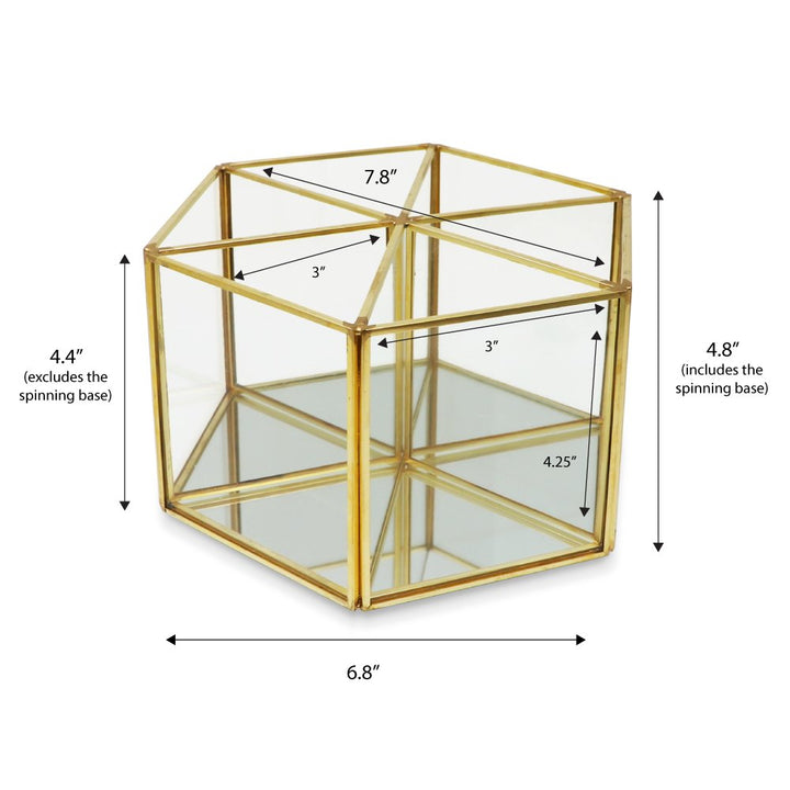 Isaac Jacobs 6-Compartment Rotating Makeup Brush Holder, 360 Degree Acrylic Carousel, Vintage Style Brass and Glass Organizer, Storage Solution with Mirror Base for Makeup, Kitchen, Crafts, More