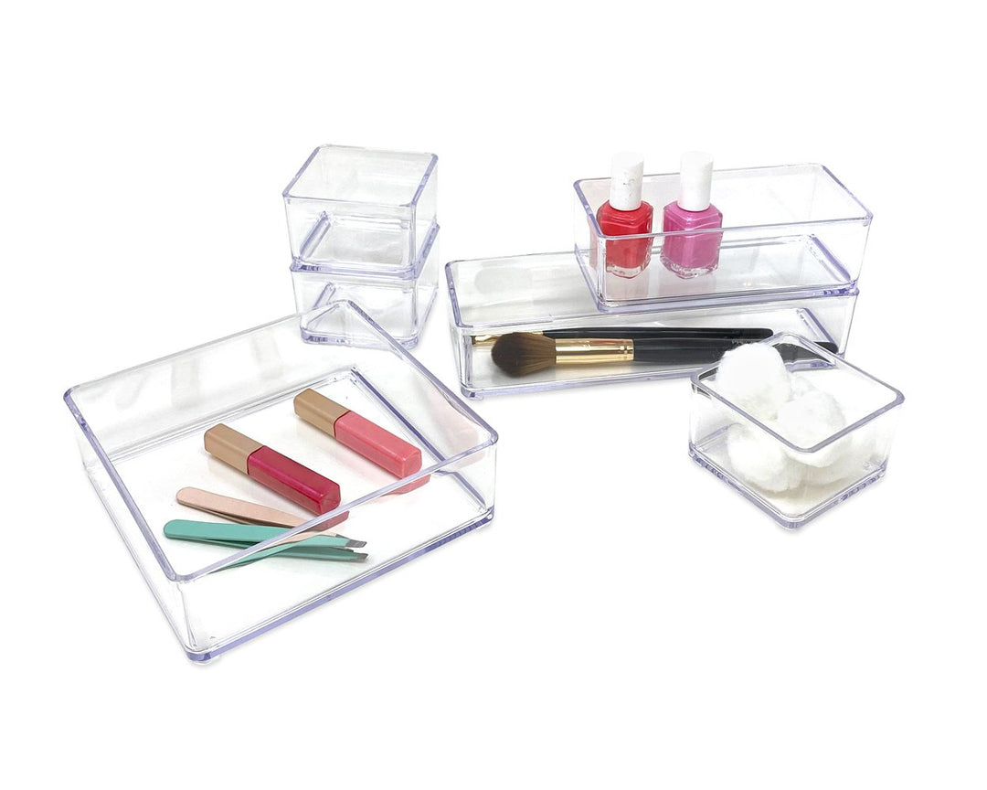 Isaac Jacobs 6-Tray Clear Acrylic Organizer Set, (Six Individual Trays), Multi-Purpose, Stackable Storage Solution for Makeup, Crafts, Desk, School, Office Supplies &amp; More, for Bathroom, Kitchen