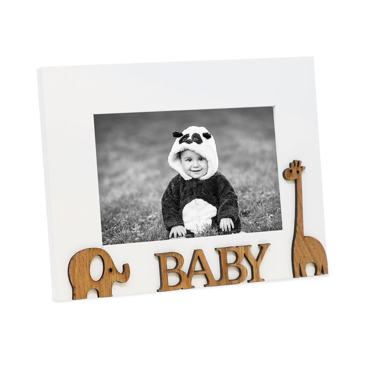 Isaac Jacobs Wood Sentiments “Baby” Picture Frame, 4x6 inch, Photo Gift for Family, Tabletop, Desktop Display &amp; Wall Display, Animal Cutout Details (White)
