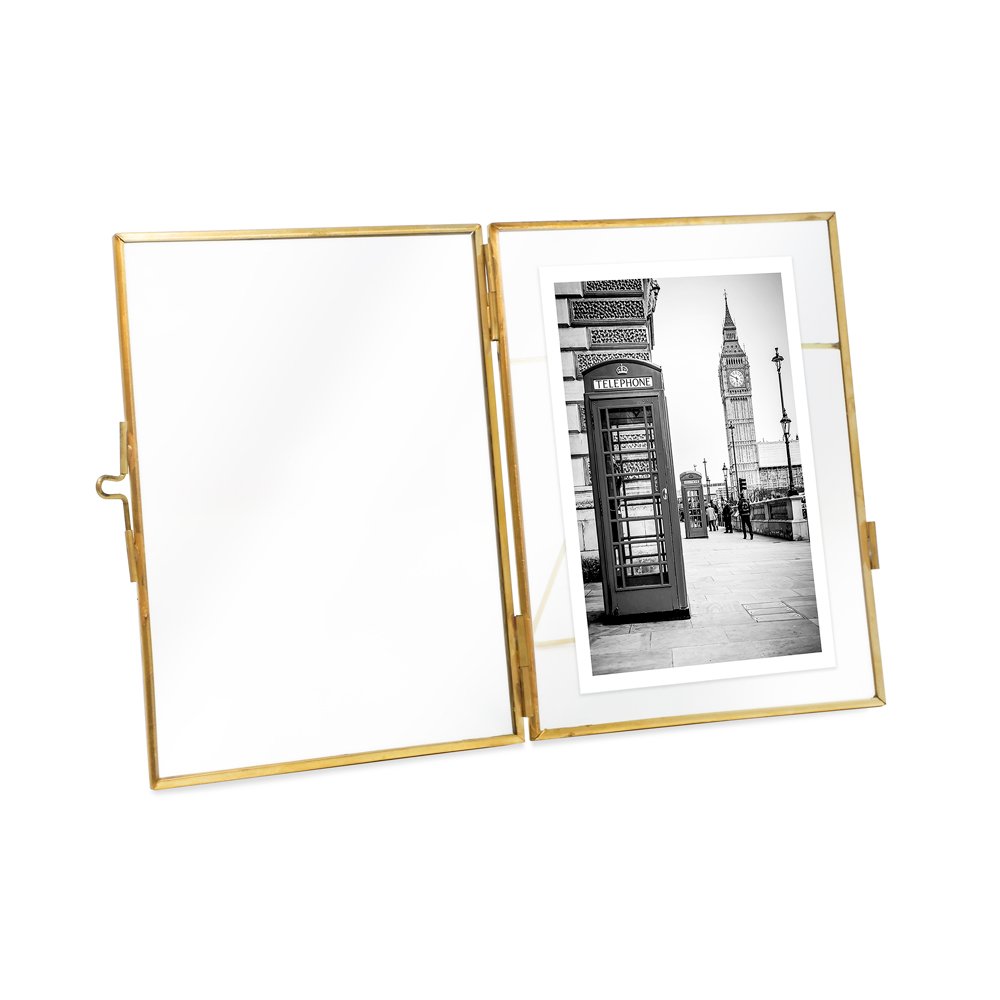 Isaac Jacobs (2-Pack) Vintage Style Brass and Glass, Metal Floating Picture Frame with Locket Closure, for Photos, Art, &amp; More, Tabletop Display