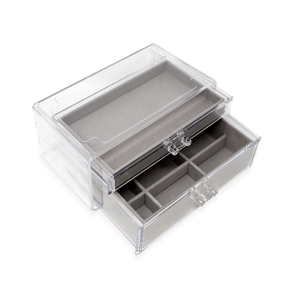 Isaac Jacobs Clear Acrylic 2-Drawer Jewelry Organizer (9.25” x 5.4” x 4.25”) w/ Velvet Lining, Stackable Storage Box For Necklaces, Bracelets, Earrings, Watches &amp; Rings, Tabletop Display Case