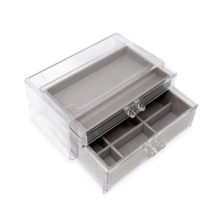 Isaac Jacobs Clear Acrylic 2-Drawer Jewelry Organizer (9.25” x 5.4” x 4.25”) w/ Velvet Lining, Stackable Storage Box For Necklaces, Bracelets, Earrings, Watches &amp; Rings, Tabletop Display Case